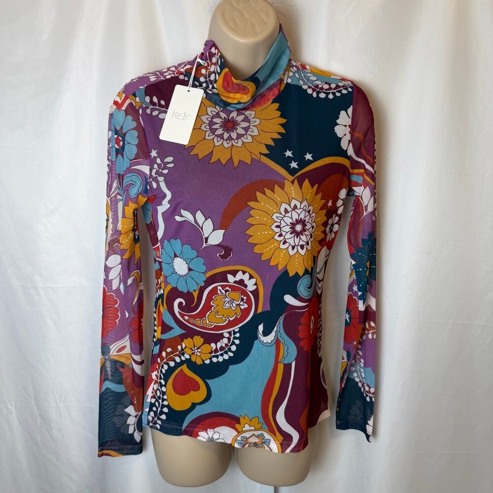 NWT Johnny Was S Rebecca Mesh Mock Neck‎ Long Sleeve Tee Dopamine Colorful Y2K